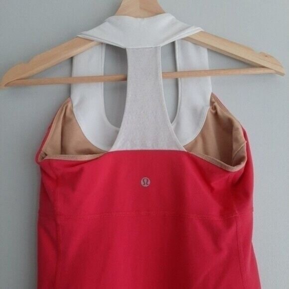 LULULEMON Scoop Neck Mesh T Back Tank Top Pink & White Sz 6 - Picture 6 of 7